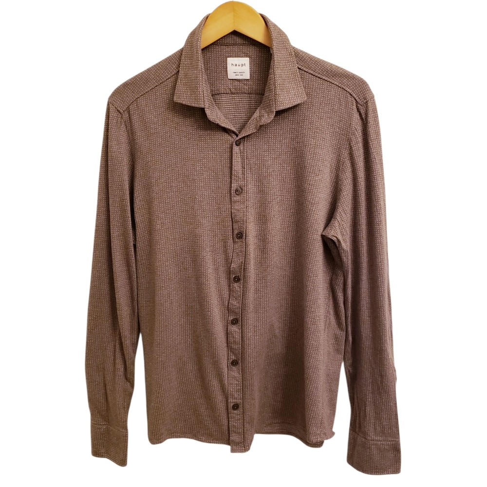 Haupt Brown All Over Micro Dot Pattern Collared Button Down Shirt, Size 15 1/2